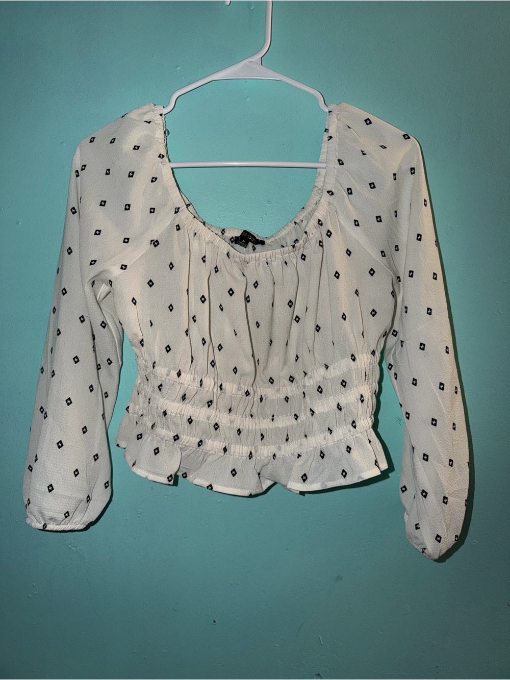 White Smocked Peasant Blouse with Diamond Print